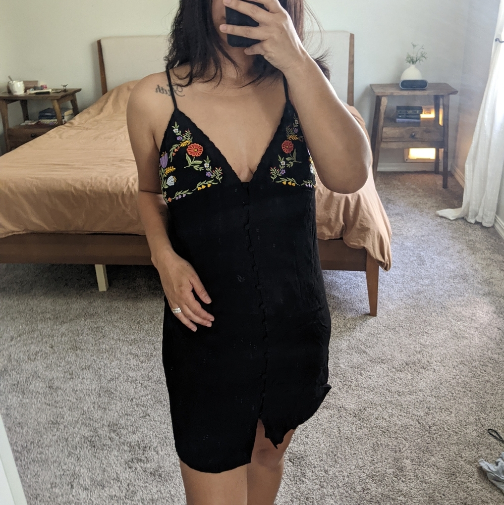 Free People Black Slip Dress with Multicolor Floral Embroidery